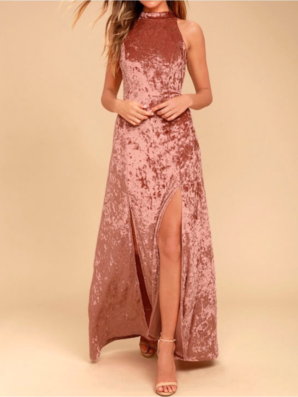 Lulu’s Velvet halter neck maxi dress with two front slits